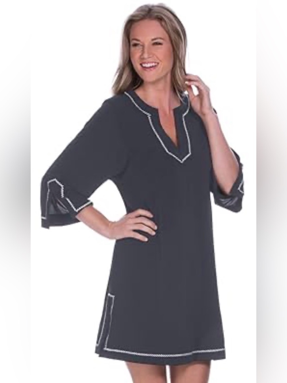 Miraclesuit Tunisian Black Tunic Coverup 3/4 Sleeve White Stitch Contrast Medium